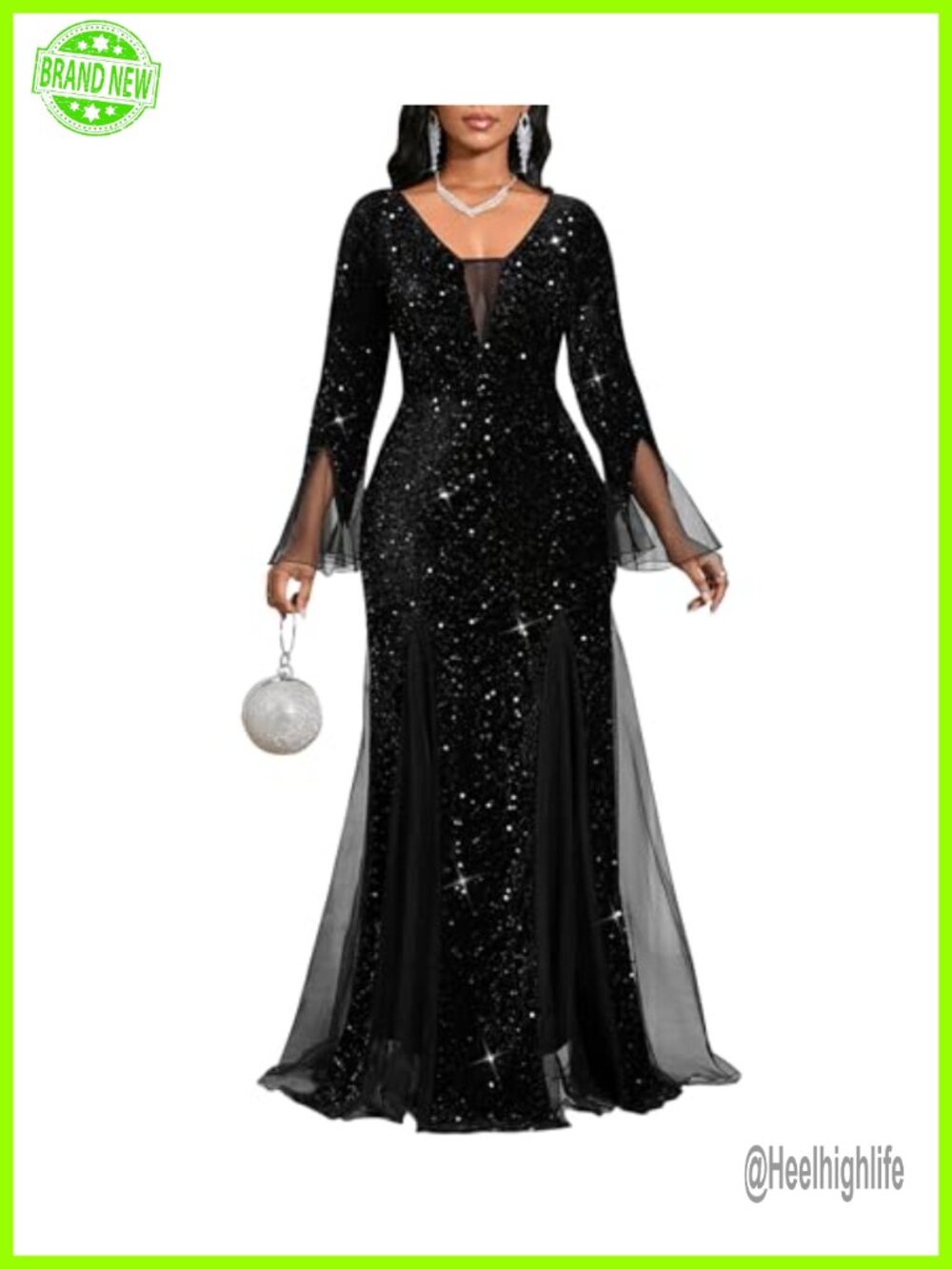 Women Long Sleeve Sequin V Neck Mermaid Formal Maxi Evening Gown